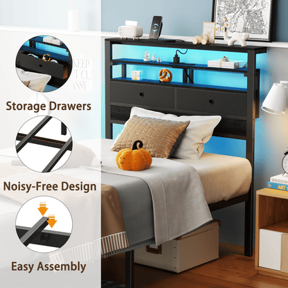 Tydimor Twin Size Bed Frame with 2 Storage Drawers Headboard, LED & Charging Station, Black oack