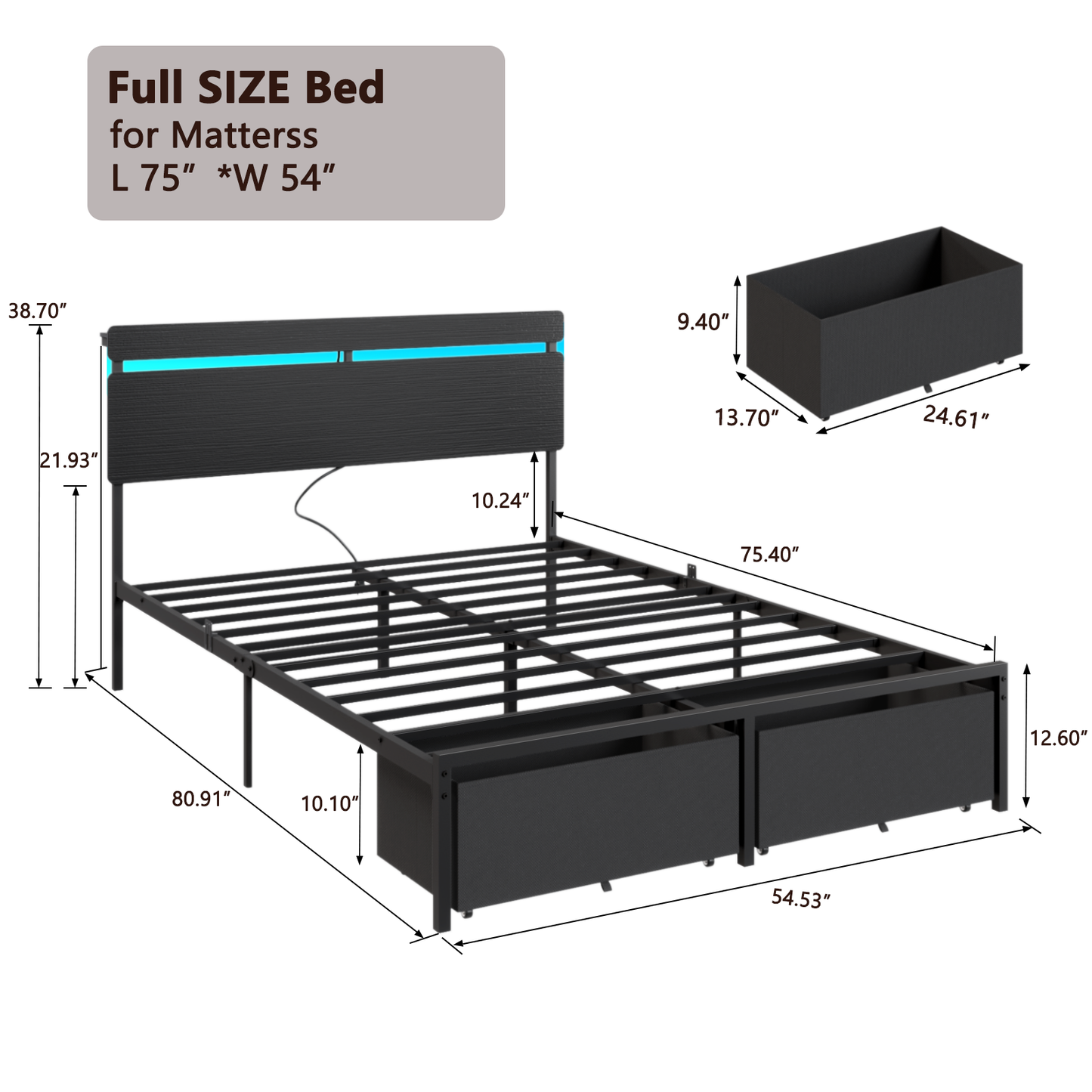 Satifur Full Size Bed Frame with 2 Drawers & LED Lights & Charging Station, Beds with Headboard & 10.10" Under Bed Storage, No Box Spring Needed, Easy Assembly, Black
