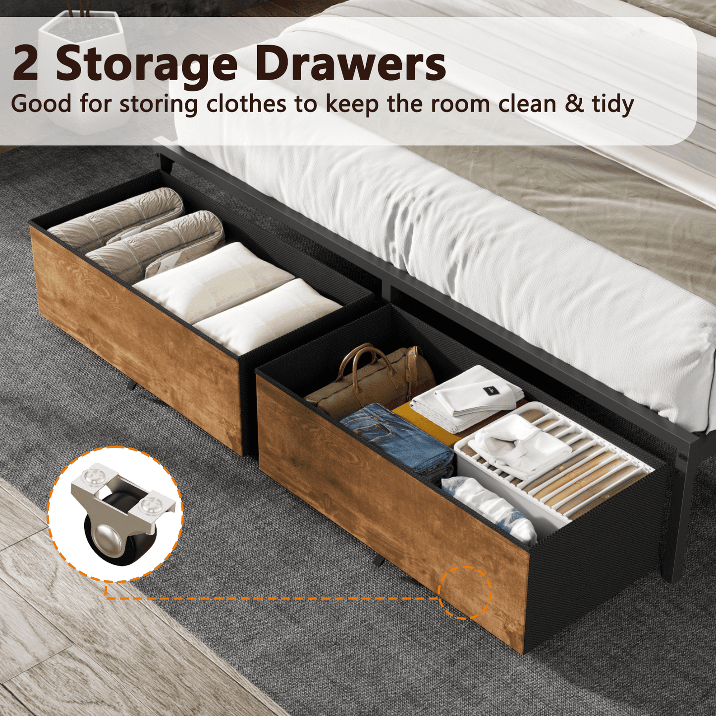 Tydimor Queen Size Bed Frame with 2 Drawers & LED Lights & Charging Station, Beds with Headboard & 10.10" Under Bed Storage, No Box Spring Needed, Easy Assembly, Rustic Brown