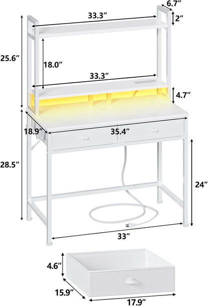 Furologee Small White Computer Desk with Power Outlet and 2 Fabric Drawers, Gaming Desk with LED Light, Home Office Desk with Monitor Stand and Hutch, Study Table with Shelf