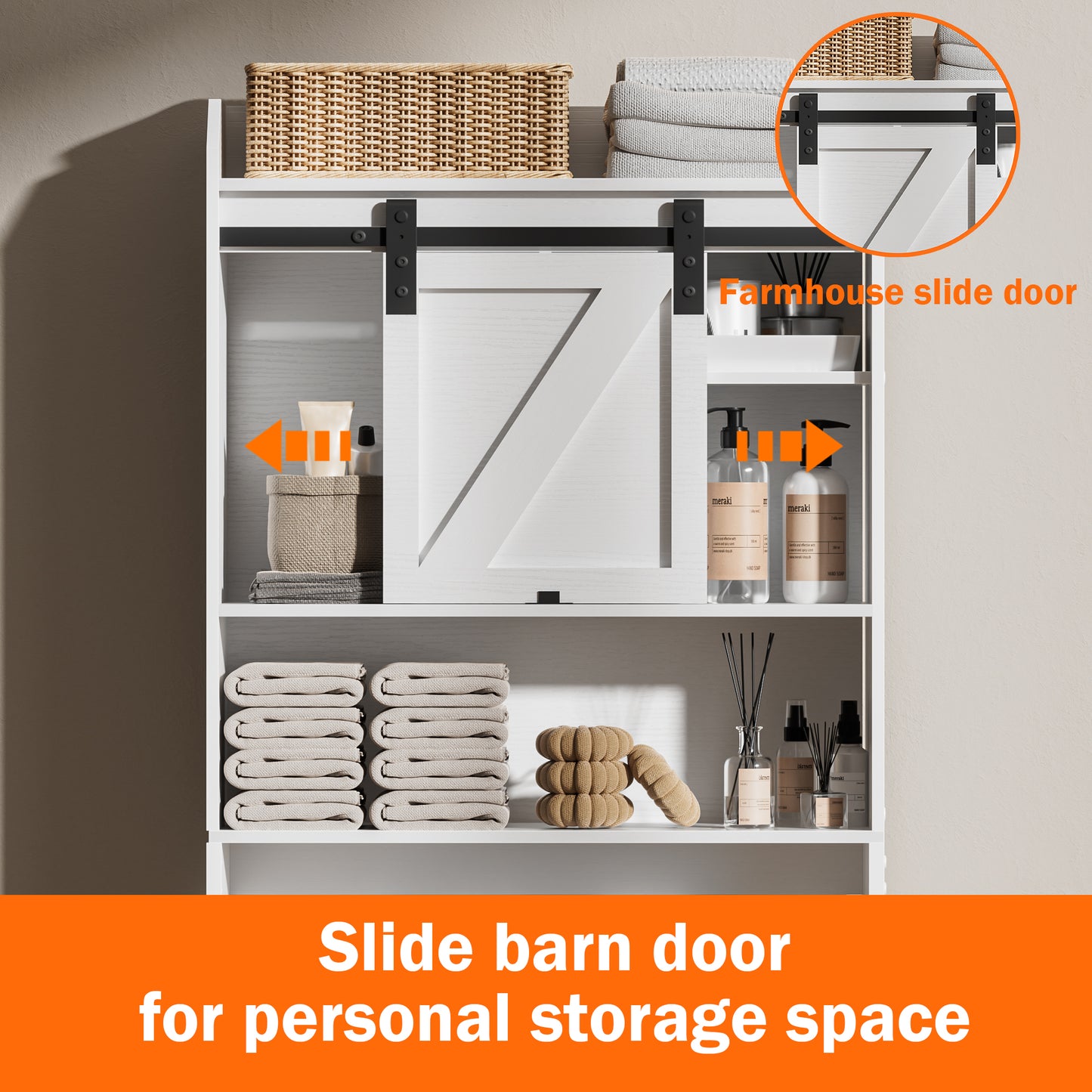 Hexmn Over The Toilet Storage Cabinet with Sliding Barn Door, 6-Tier Freestanding Bathroom Shelf Farmhouse Organizer with Shelves, Paper Holder and Racks, Farmhouse Toilet Cabinet for Laundry, White