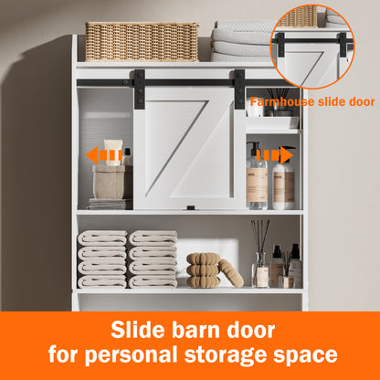Hexmn Over The Toilet Storage Cabinet with Sliding Barn Door, 6-Tier Freestanding Bathroom Shelf Farmhouse Organizer with Shelves, Paper Holder and Racks, Farmhouse Toilet Cabinet for Laundry, White