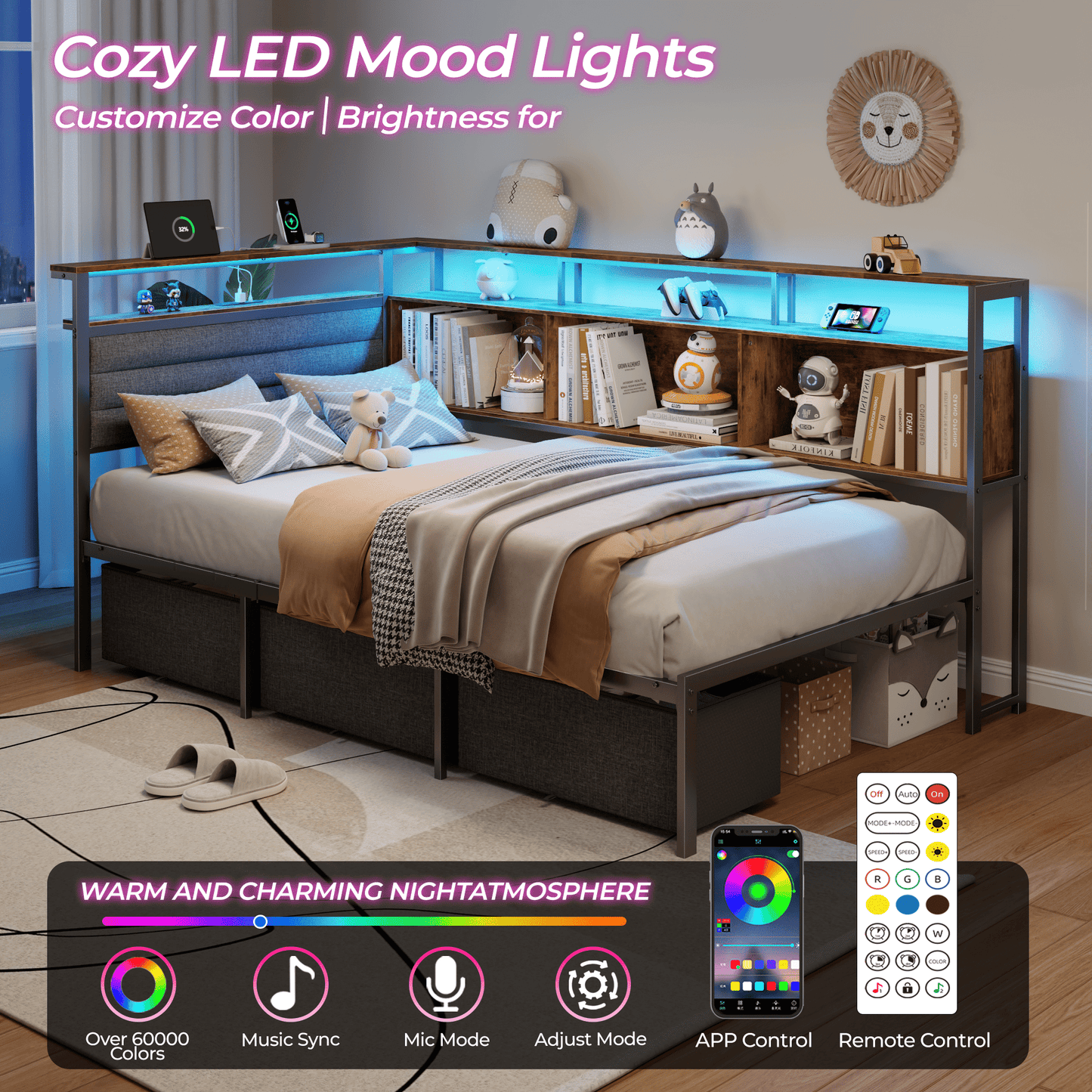 Tydimor L-Shaped Corner Bed Frame with 3 Storage Drawers, 3 Cubbies & Double-Layer Shelf, LED Lights & Power Outlet, Corner Twin Beds for Living Room, Bedroom and Guest, Rustic Brown