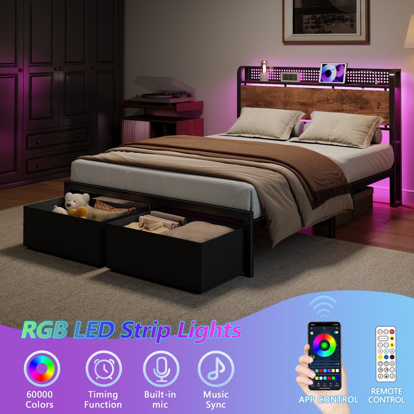 Tydimor Twin Bed Frame with 2 Drawers & Storage Headboard, Platform Metal Bed with Charging Station, No Box Spring Needed