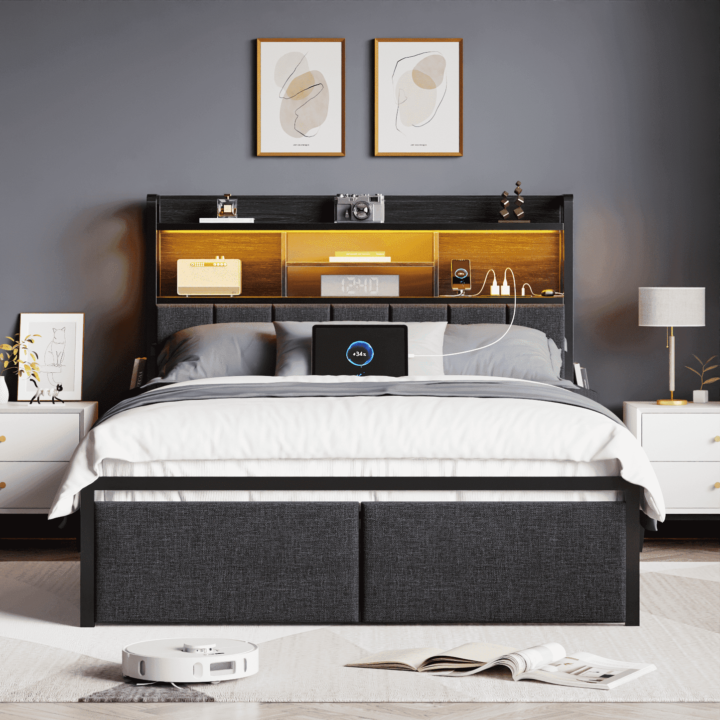 Satifur Full Bed Frame with Upholstered Headboard, Platform Bed Full with LED Lights & 2 Drawers, No Box Spring Needed