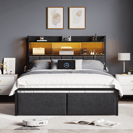 Satifur Full Bed Frame with Upholstered Headboard, Platform Bed Full with LED Lights & 2 Drawers, No Box Spring Needed