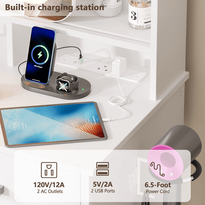 Hexmn lighted makeup vanities with stools, dressing Vanity tables with USB Power outlet, sliding mirror & storage shelves