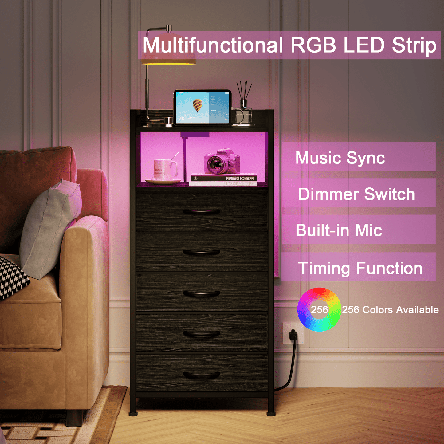 TYDIMOR Tall Dresser for Bedroom, 5 Drawer with Charging Station, Black, Ideal for Adults