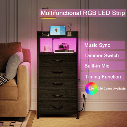 TYDIMOR Tall Dresser for Bedroom, 5 Drawer with Charging Station, Black, Ideal for Adults