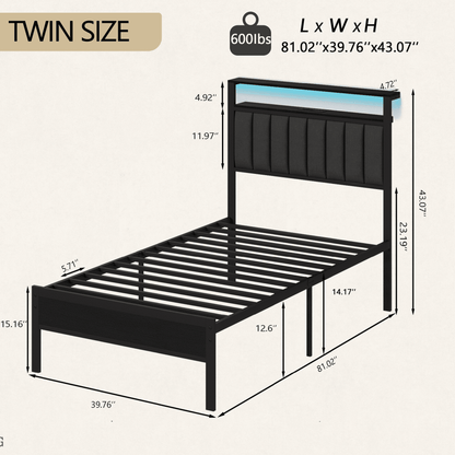 Hexmn Twin Bed Frame with USB Ports and Outlets, LED Gaming Bed Metal Frame Underbed with Headboard, Niose Free