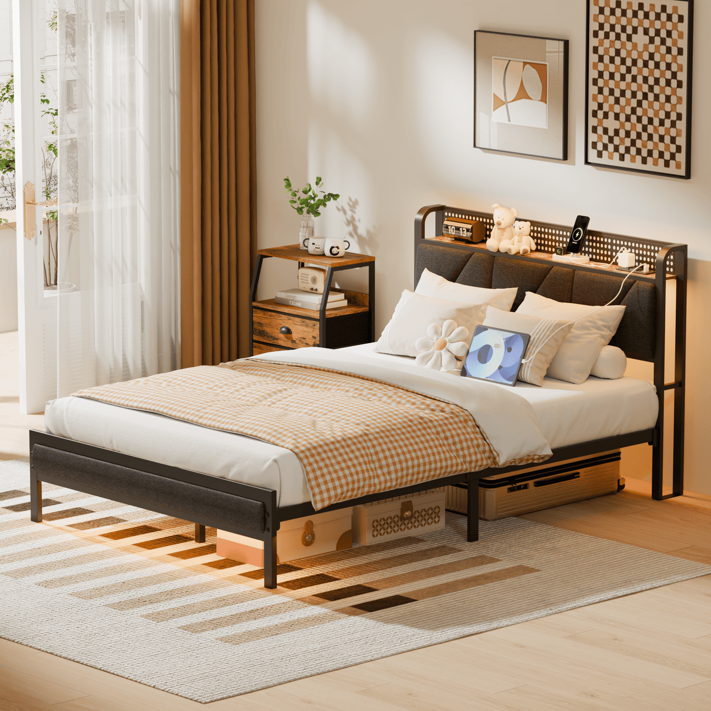 Tydimor Queen Size Metal Smart Bed Frames with Upholstered Headboard, LED Lights, USB Ports and Outlets, Storage Shelves & Underbed
