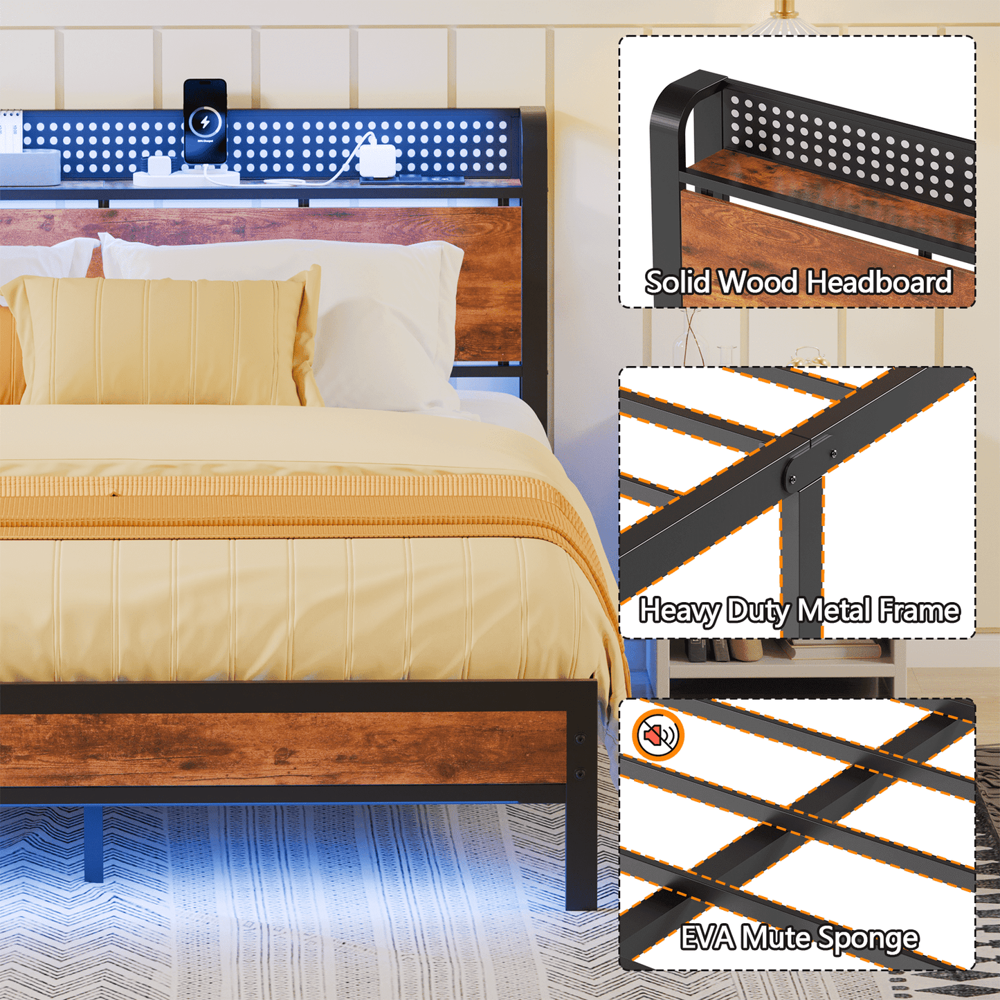 Hexmn King RGB LED Strip Platforrm Bed Frames with Headboard Metal, Storage Shelves & Underbed, Niose Free, No Box Spring Needed