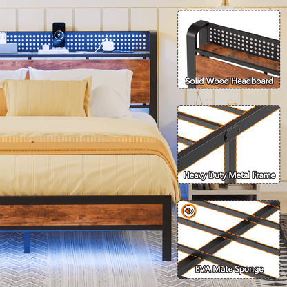 Hexmn Queen RGB LED Strip Platforrm Bed Frames with Headboard Metal, Storage Shelves & Underbed, Niose Free, No Box Spring Needed