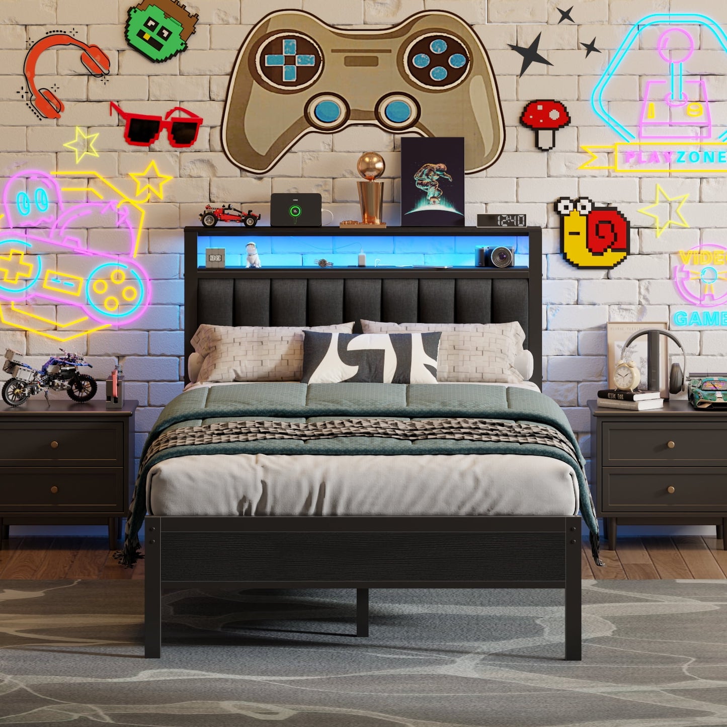 Satifur Full Bed Frame with Upholstered Headboard, Steel Slats Support, No Box Spring Needed