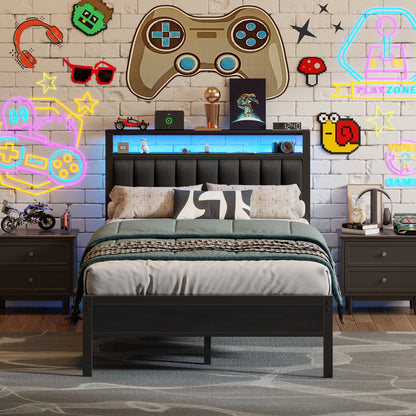 Satifur Full Bed Frame with Upholstered Headboard, Steel Slats Support, No Box Spring Needed