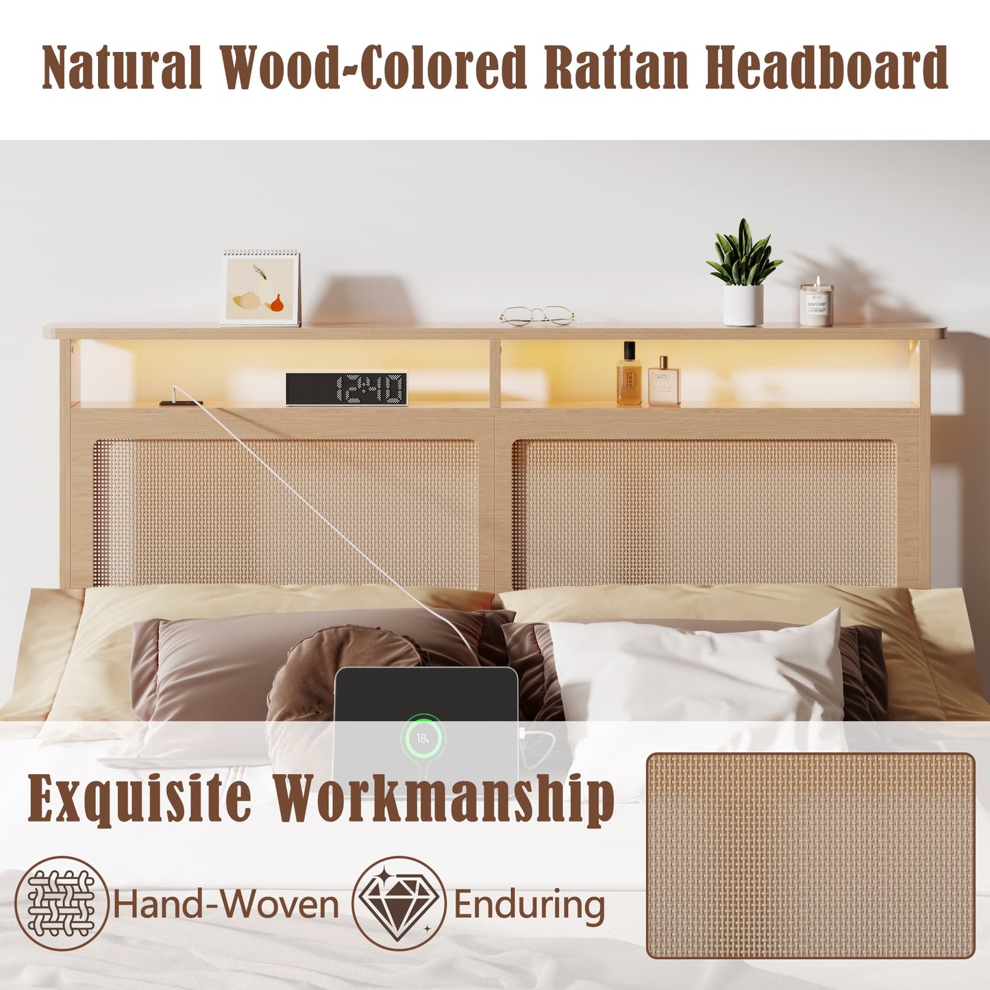 Tydimor Queen Bed Frame with Headboard & Bookcase Storage Shelf, Rattan Beds with Charging Station and LED Lights, No Box Spring Needed