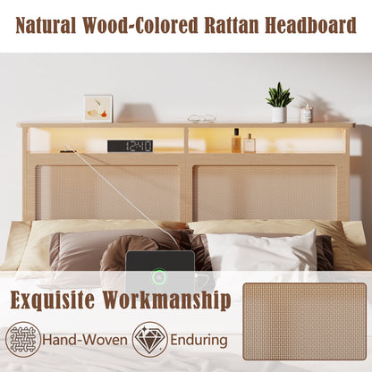 Tydimor Queen Bed Frame with Headboard & Bookcase Storage Shelf, Rattan Beds with Charging Station and LED Lights, No Box Spring Needed