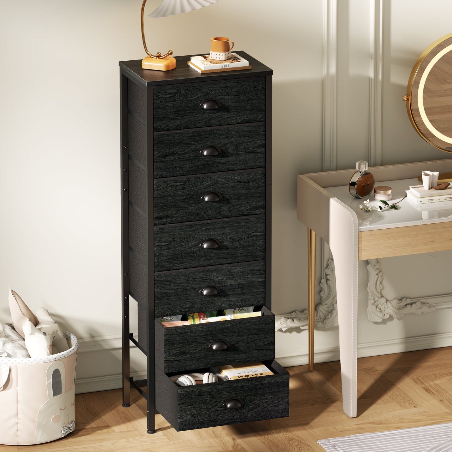 Satifur 7-Drawer Tall Dresser Bedside Fabric Nightstand Closet Organizer Unit with Storage,Black Oak