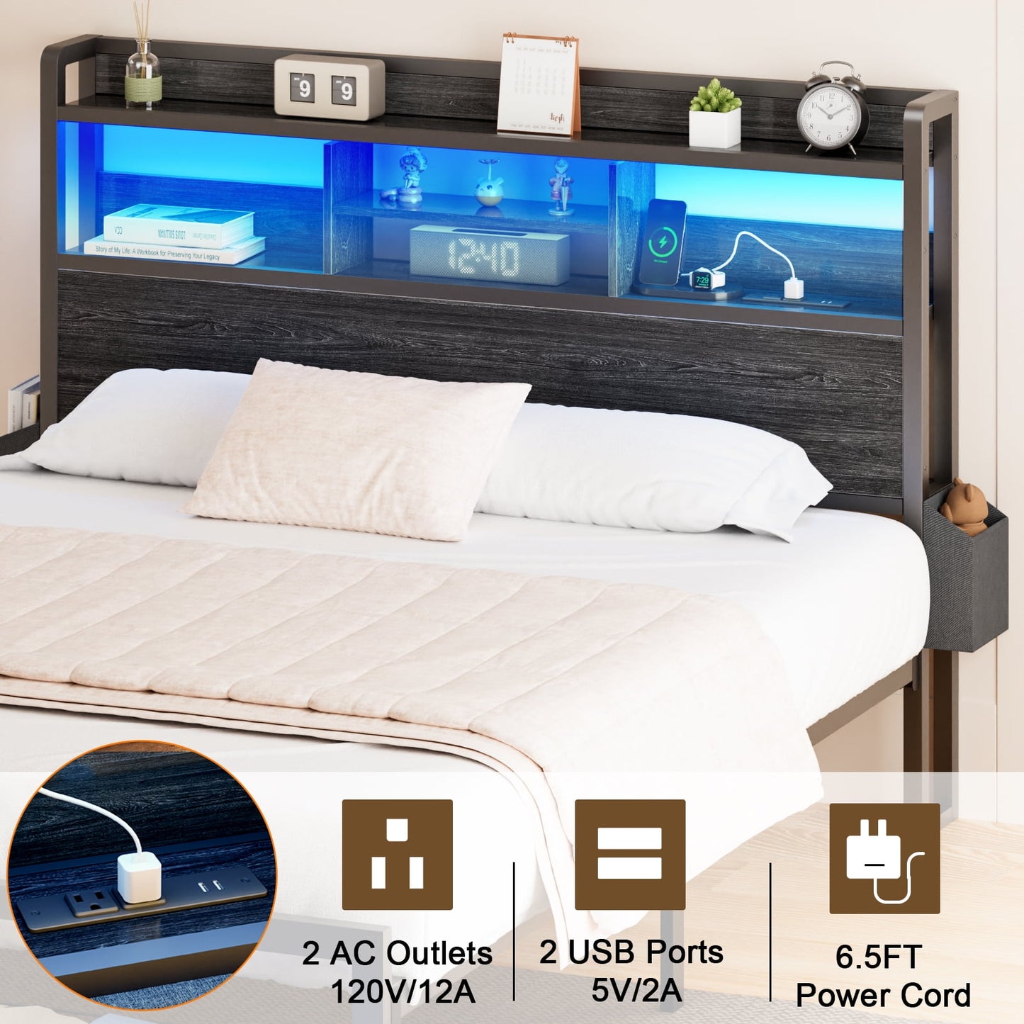 Hexmn Queen Size LED Metal Bed Frame Built-In Charging, Platforrm Storage Bed Frames Under-bed Storage and Noise Free Design
