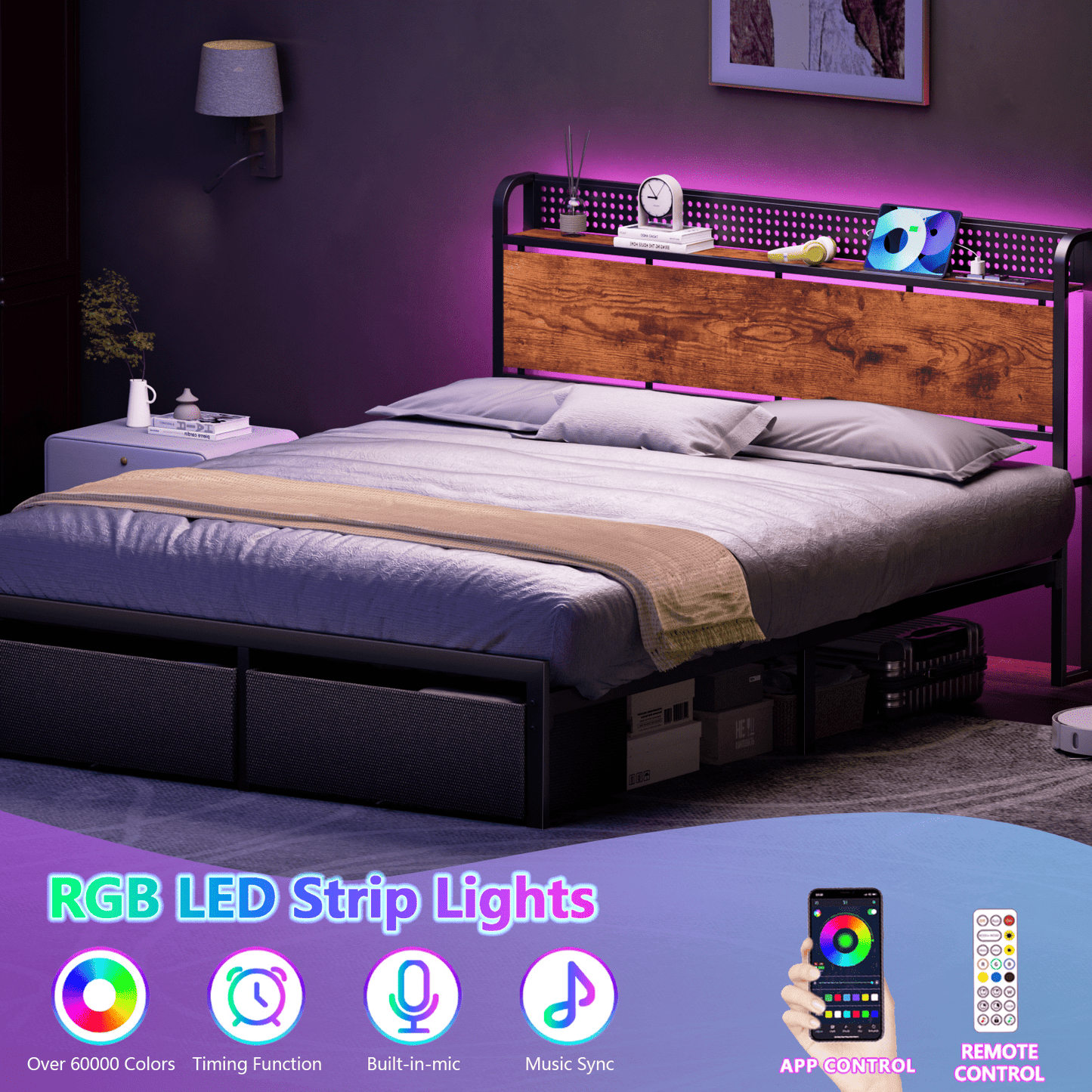 Tydimor Queen Bed Frame with 2 Drawers & Storage Headboard, Platform Metal Bed with Charging Station, No Box Spring Needed