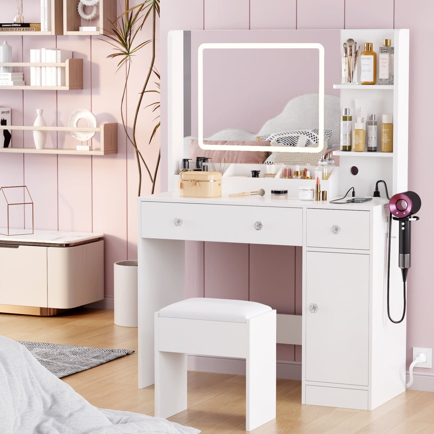 Hexmn women dressing Vanity Set with storage drawers & cabinet, LED Makeup tables with charging station, square mirror for bedroom