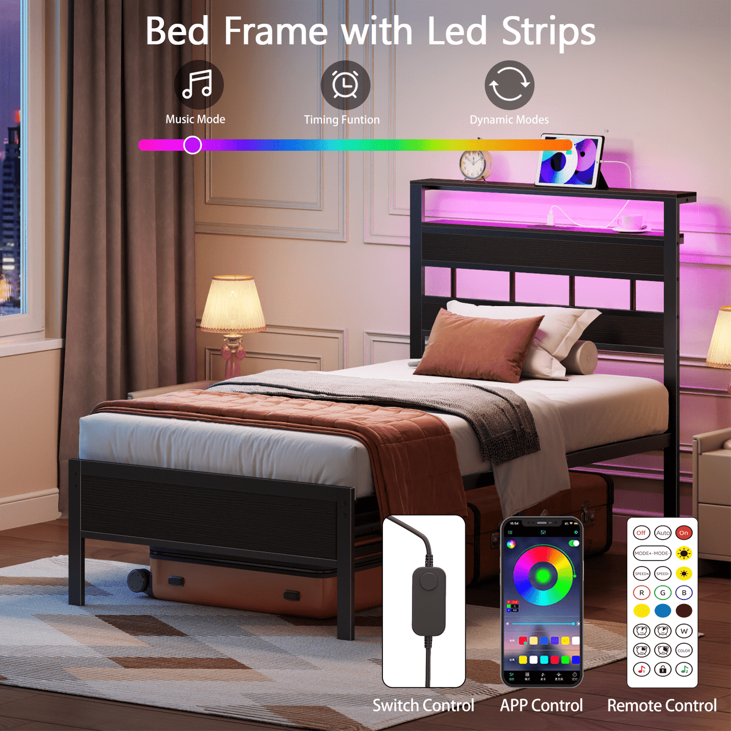 Tydimor Twin Bed Frames with USB Ports and Outlets, LED Gaming Bed Metal Frame Underbed with Headboard, Niose Free