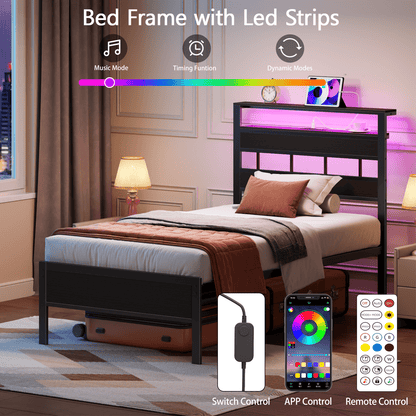 Tydimor Twin Bed Frames with USB Ports and Outlets, LED Gaming Bed Metal Frame Underbed with Headboard, Niose Free