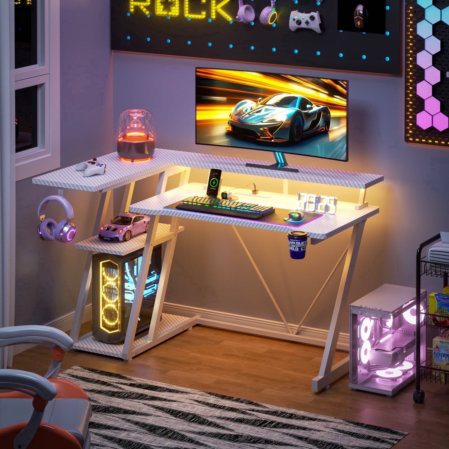 Satifur 39" Pro L-Shaped Gaming Desk White, RGB LED, Power Hub & Monitor Riser for Ultimate Setup