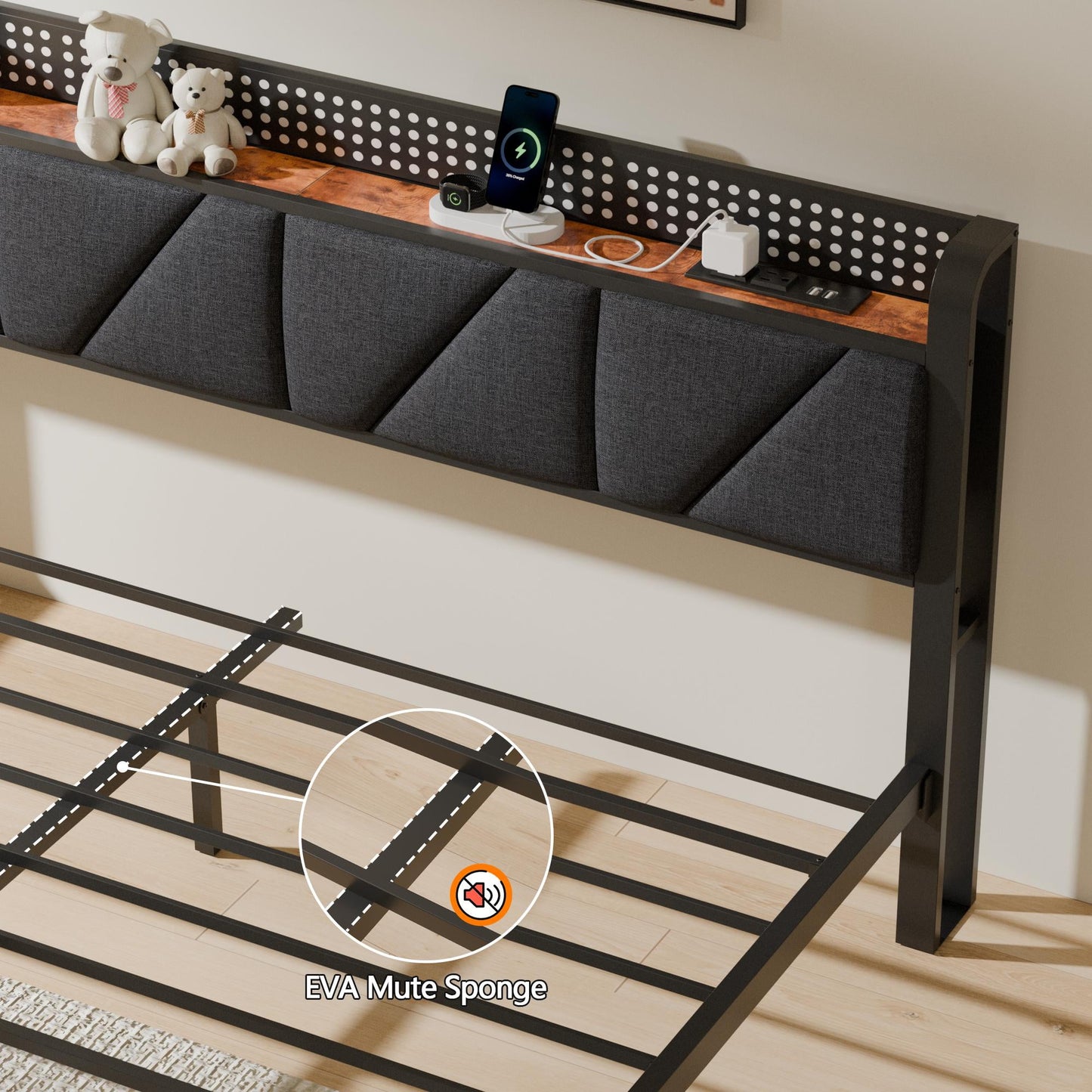 Tydimor Full Size Metal Smart Bed Frames with Upholstered Headboard, LED Lights, USB Ports and Outlets, Storage Shelves & Underbed