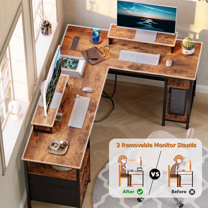 Furologee Computer Desk L-Shaped Reversible Desk with Drawers and 2 Monitor Stands, Rustic Brown