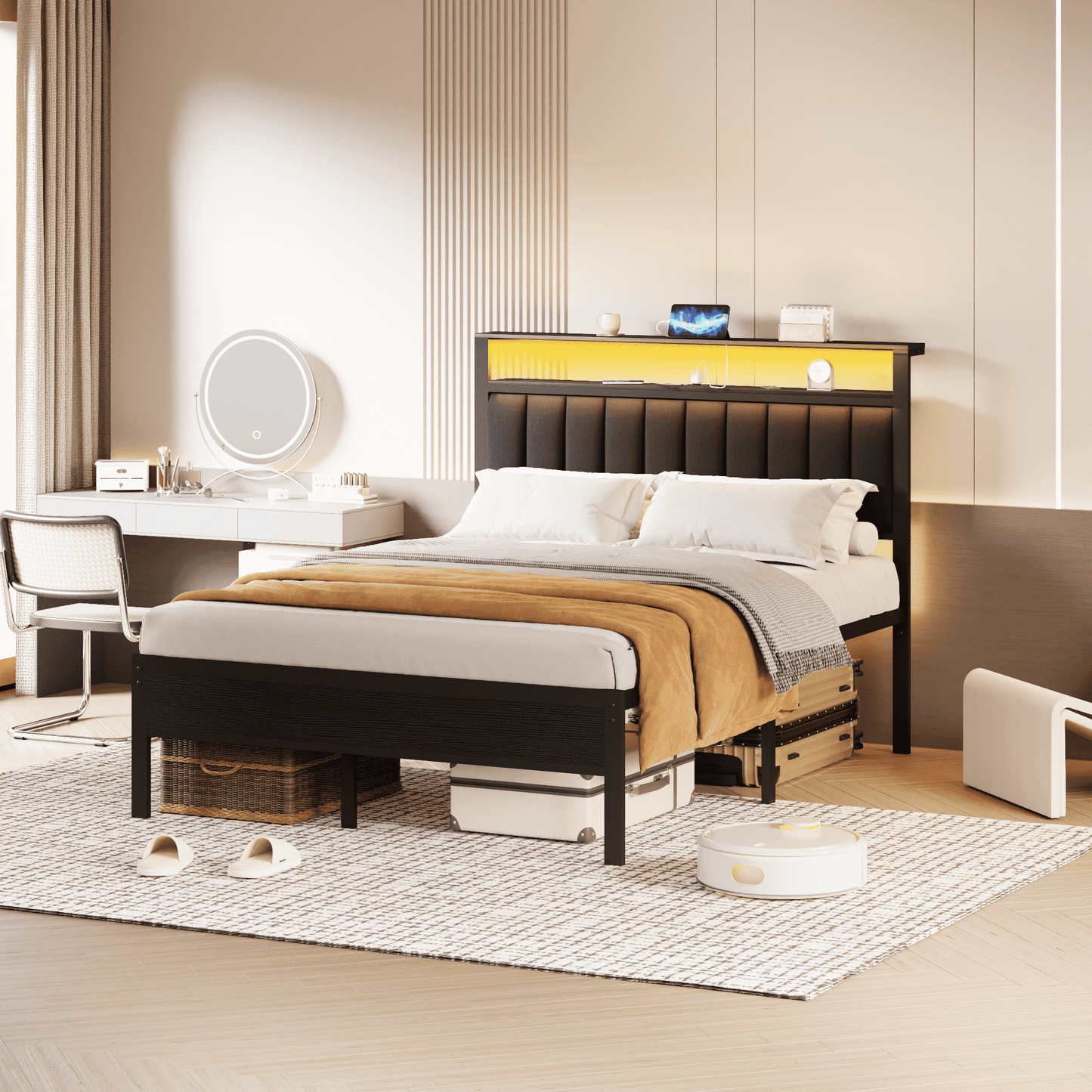 Hexmn Upholstered Underbed Storage Bed with Charging Station£¬LED Queen Size Bed Frame with Storage Shelves, Niose Free