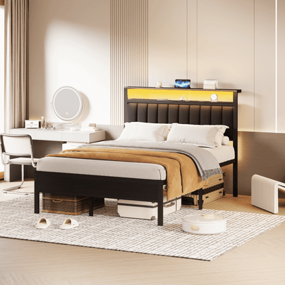 Hexmn Upholstered Underbed Storage Bed with Charging Station£¬LED Queen Size Bed Frame with Storage Shelves, Niose Free