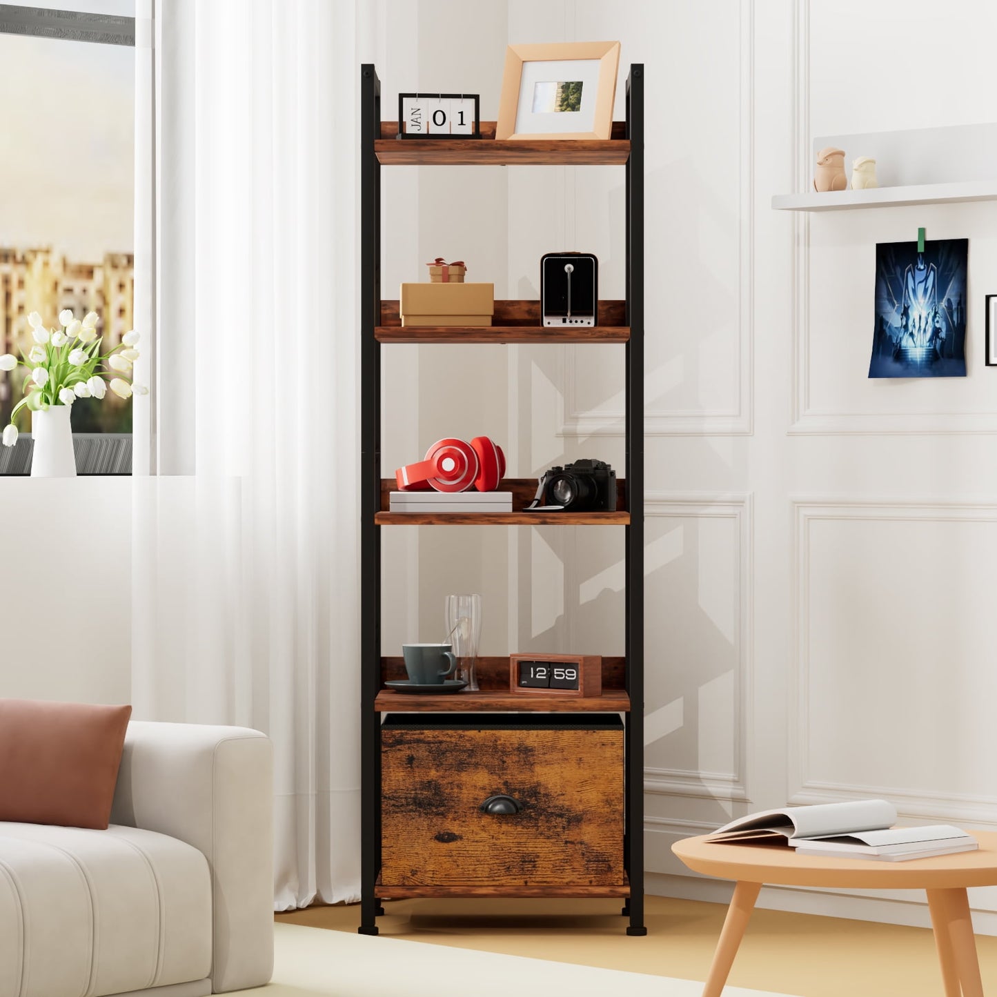 Satifur 5 Tier Ladder Bookcase with Removable Drawer Tall Standing Bookshelf,Rustic Brown
