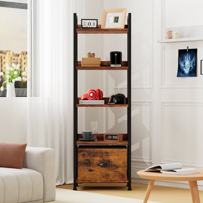 Satifur 5 Tier Ladder Bookcase with Removable Drawer Tall Standing Bookshelf,Rustic Brown