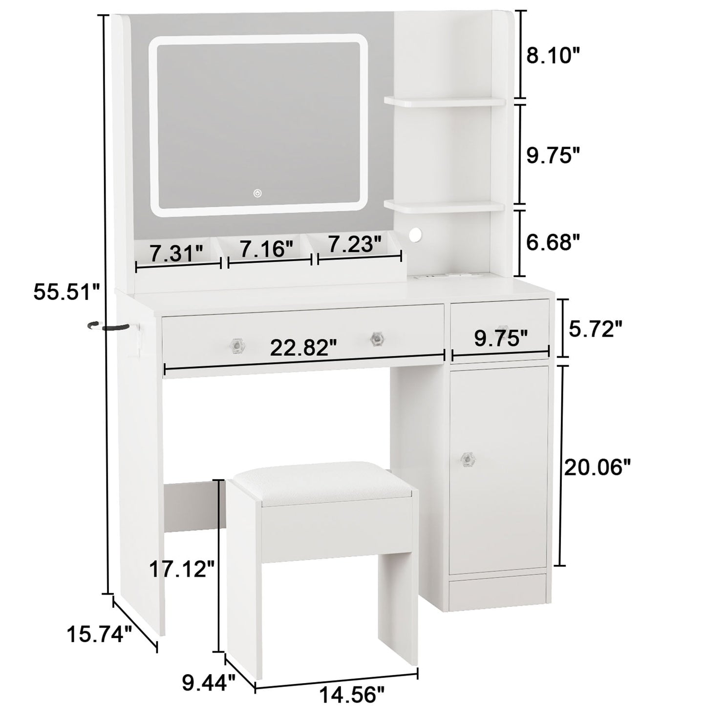 Satifur White Vanity Desk Set with Mirror and Lights, Makeup Table with Charging Station, Comfortable Bench, Big Vanity with 3 Storage Compartments, 39.4in