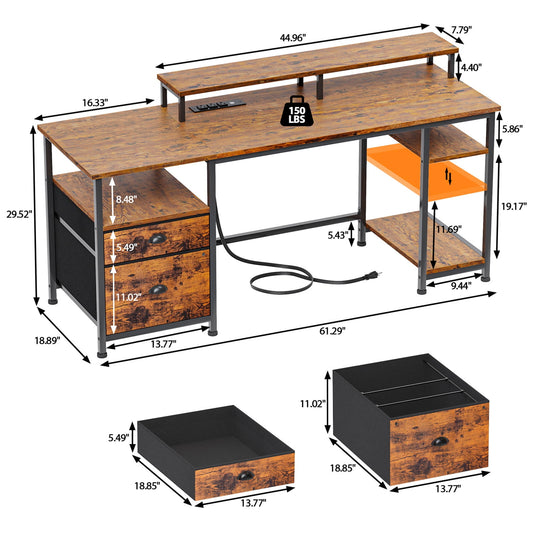 Furologee Computer Desk with Outlet & USB Ports, Gaming Desk with LED, Reversible Desk with File Cabinet & Drawer, Large Desk Writing Table with Monitor Stand for Home Office, Rustic Brown