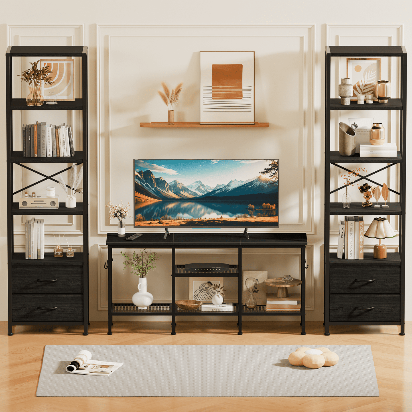 Satifur 5-Tier Bookshelf and Bookcase with 2 Removable Drawers, Narrow Display Shelf for Living Room, Black Oak