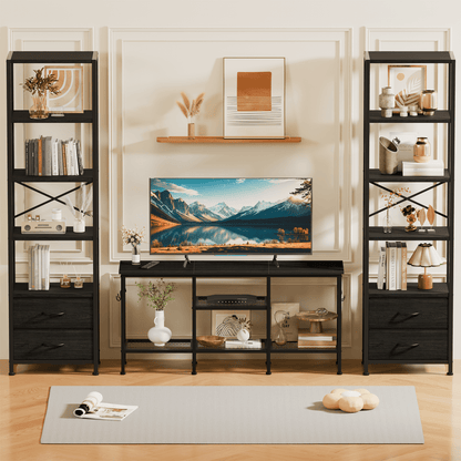 Satifur 5-Tier Bookshelf and Bookcase with 2 Removable Drawers, Narrow Display Shelf for Living Room, Black Oak