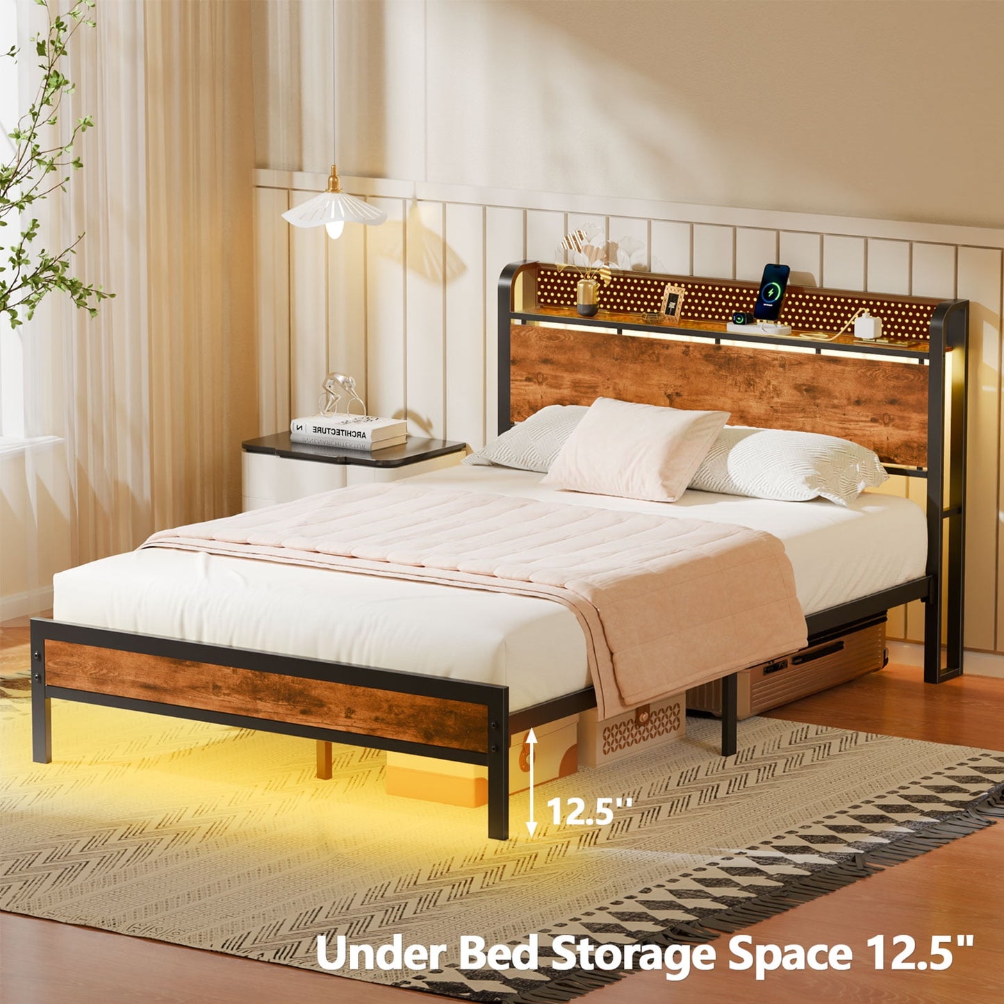 Satifur LED Bed Frame Full Size with 2 USB Ports and Outlets, Platform Metal Bed Frame£¬ No Box Spring Needed, Noise-Free