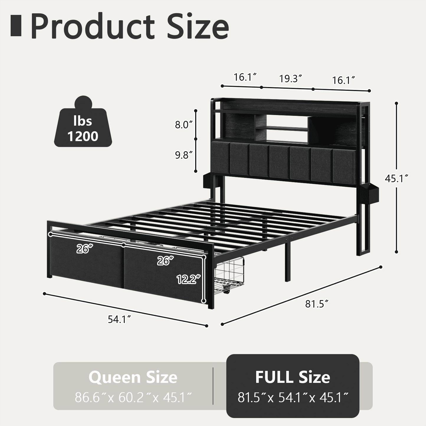 Tydimor Twin Size Metal Smart Bed Frames with Upholstered Headboard, LED Lights, USB Ports and Outlets, Storage Shelves & Underbed