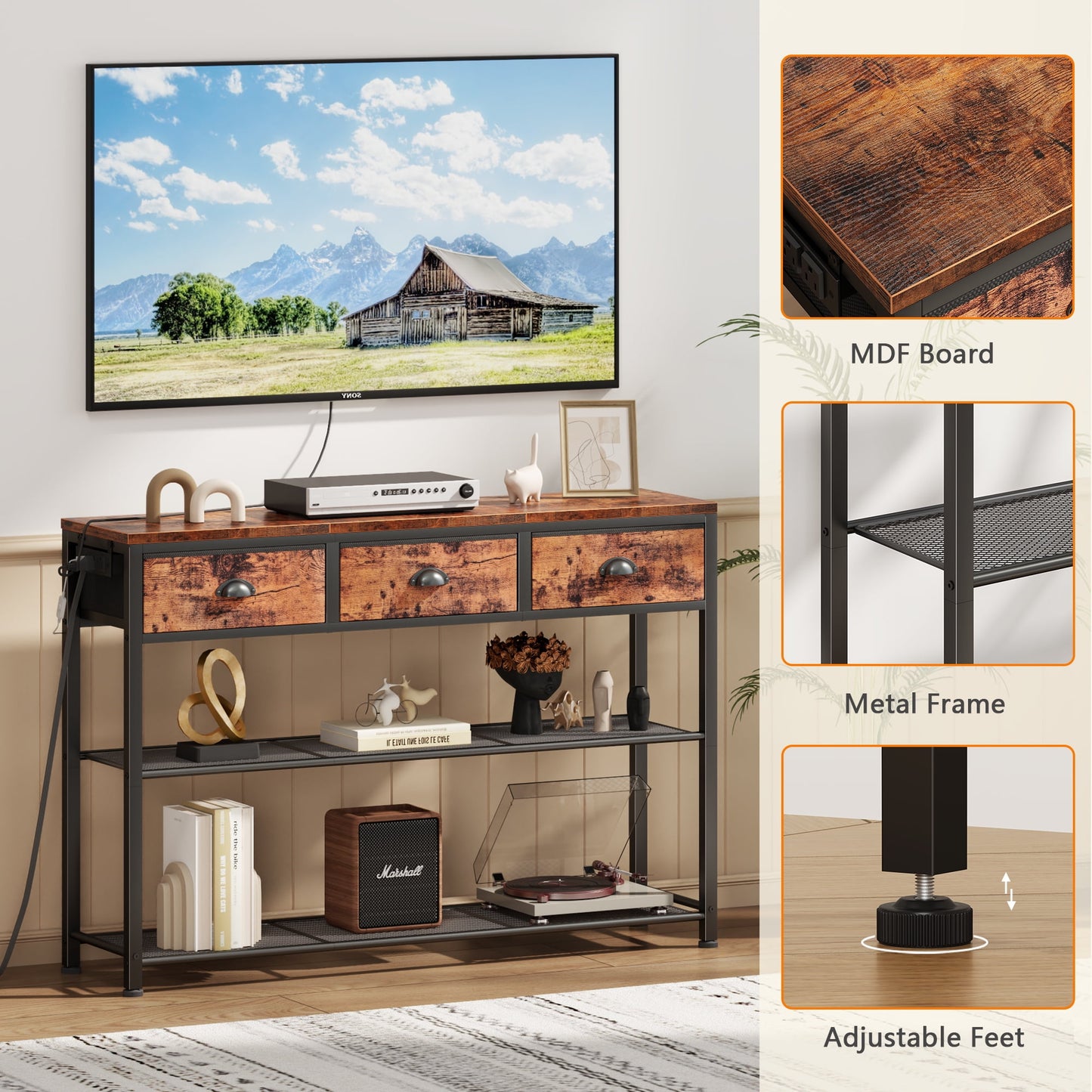 Satifur 38 inch Entryway Table with Power Outlets and Light, Console Table with 3 Fabric Drawers, Hallway Table, Rustic Brown