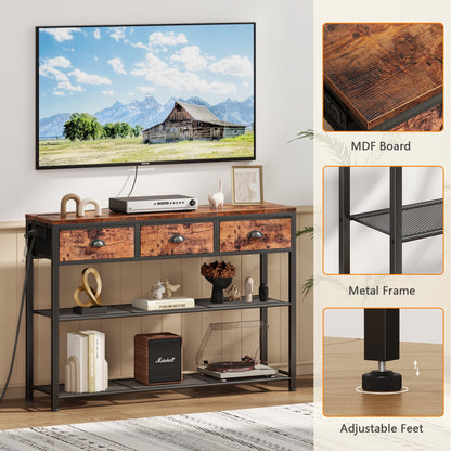 Satifur 38 inch Entryway Table with Power Outlets and Light, Console Table with 3 Fabric Drawers, Hallway Table, Rustic Brown