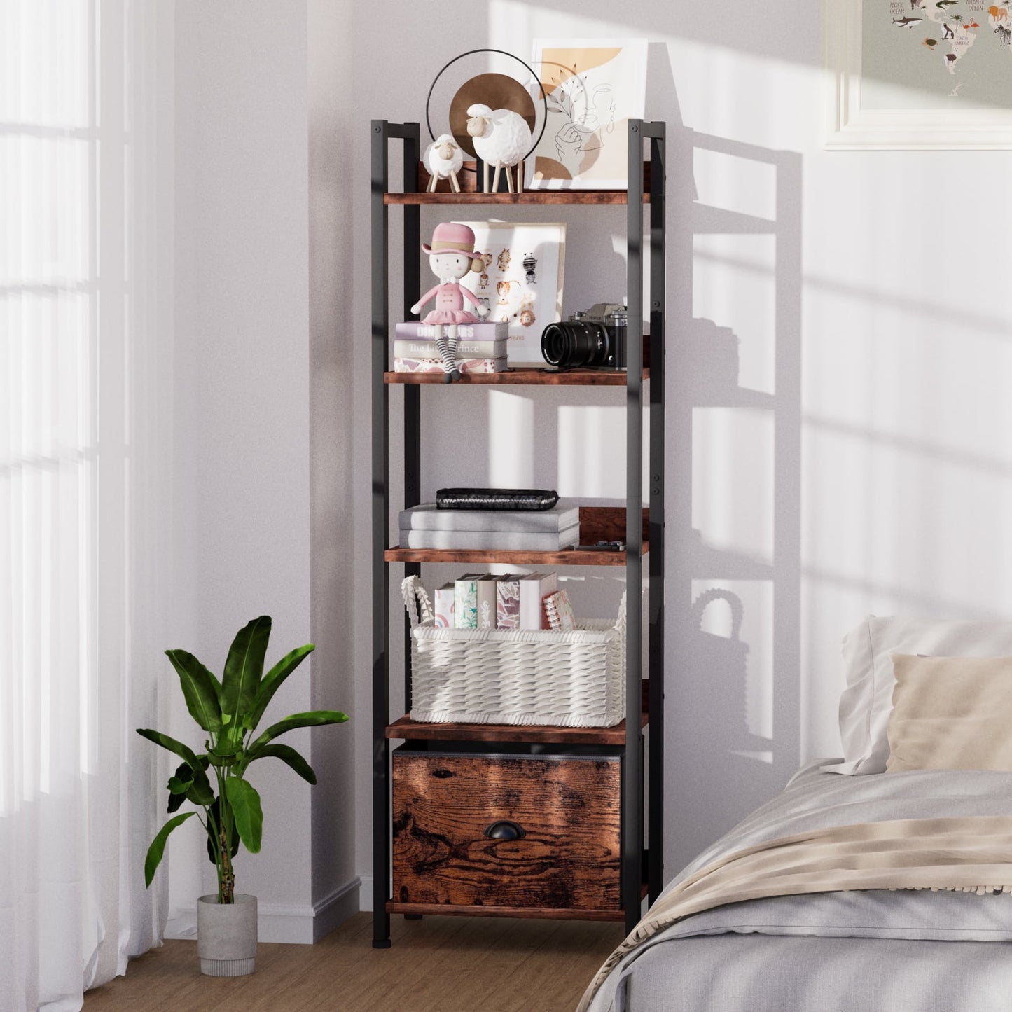 Satifur 5 Tier Ladder Bookcase with Removable Drawer Tall Standing Bookshelf,Rustic Brown