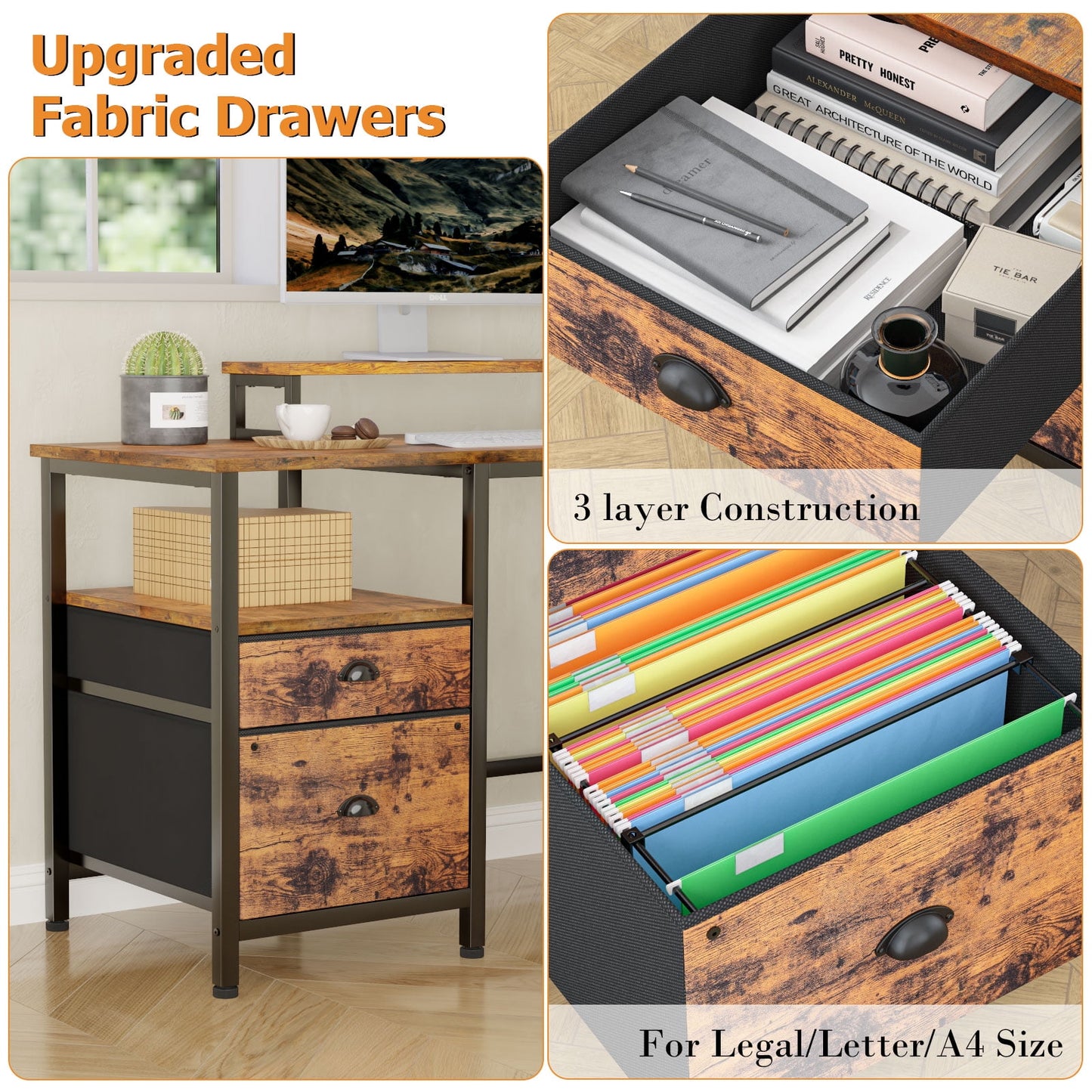 Furologee Computer Desk L-Shaped Reversible Desk with Drawers and 2 Monitor Stands, Rustic Brown