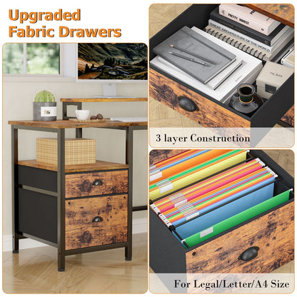 Furologee Computer Desk L-Shaped Reversible Desk with Drawers and 2 Monitor Stands, Rustic Brown