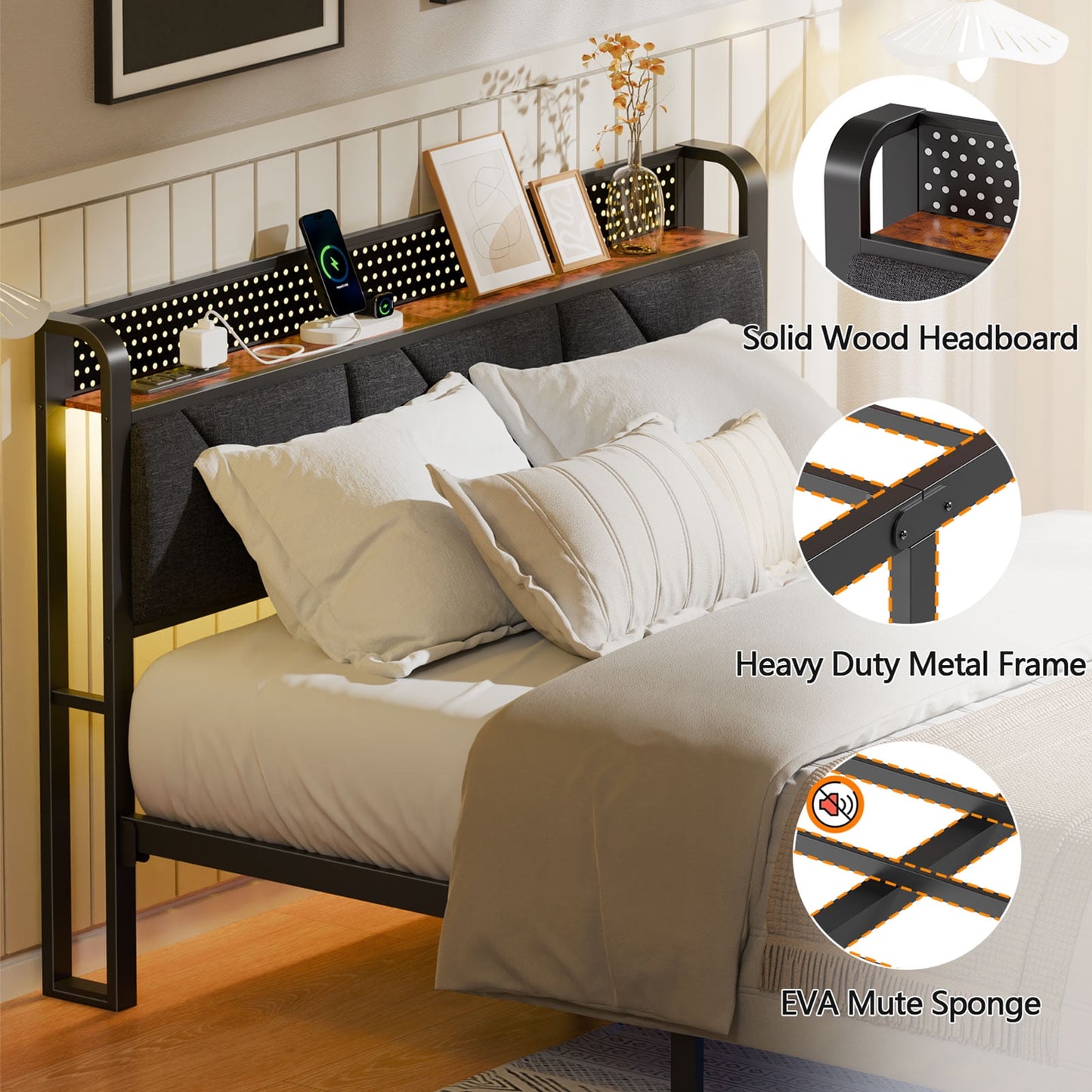 Satifur Queen Bed Frame with Upholstered Storage Headboard, Metal Platform Bed Station with Charging Station & LED, Noise-Free.No Box Spring Needed