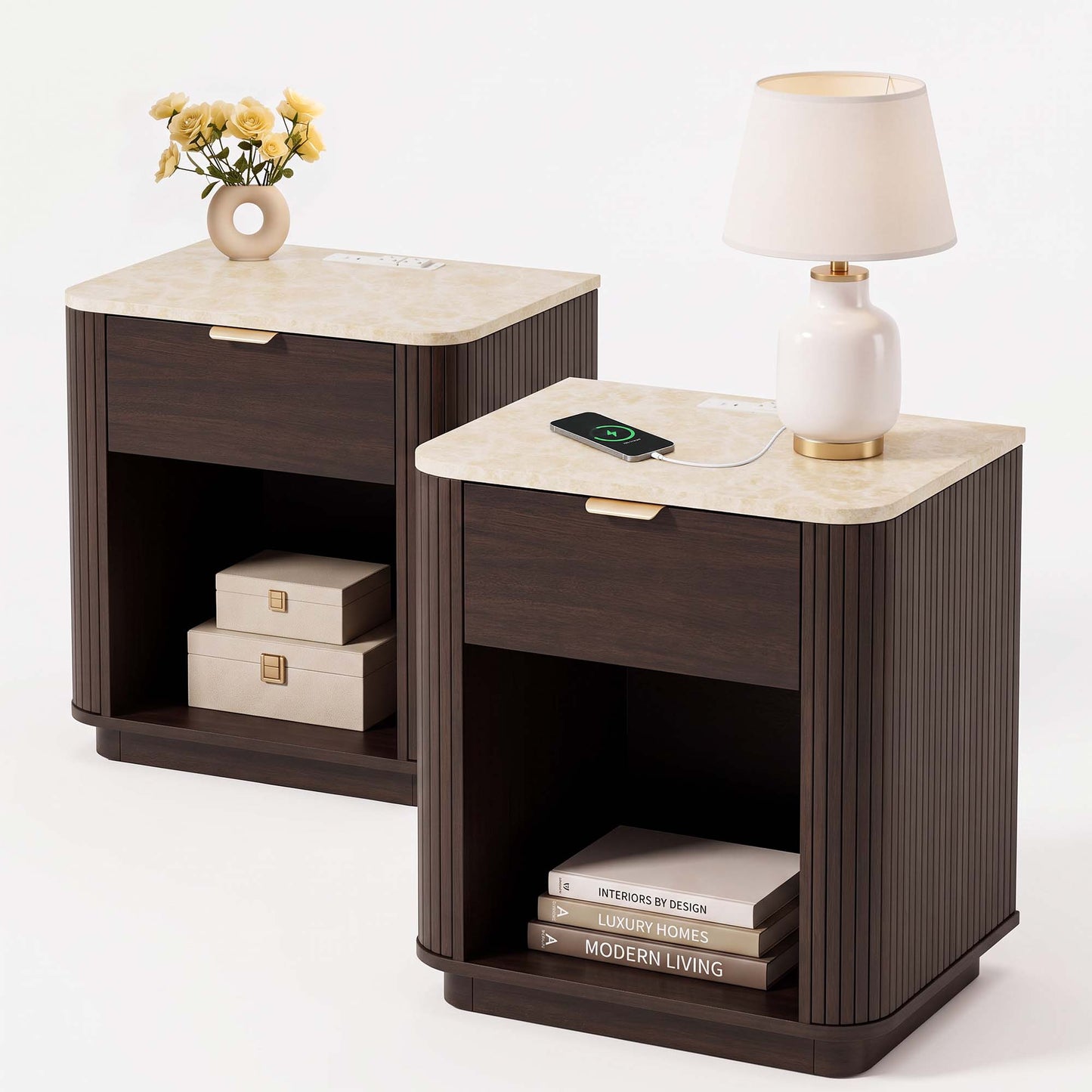 Satifur Wooden Nightstand with Charging Station Set of 2, 1 Drawer Fluted Night Stands with Storage, Modern Bedside Table Set of 2 for Bedroom, Walnut