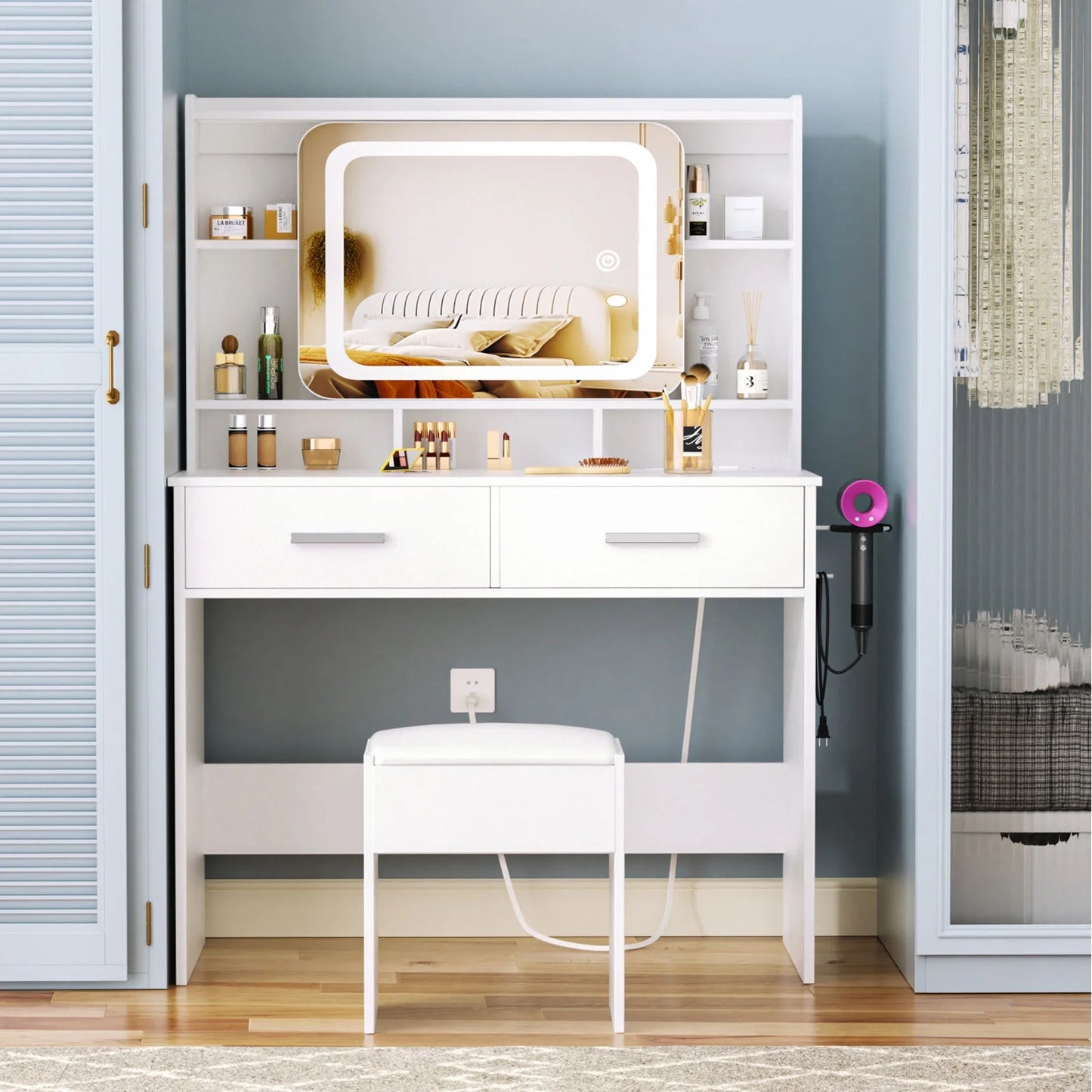 Tydimor Vanity Set with Sliding Mirror & Lights, Women Dressing Table with Outlets, Makeup Vanity Desk with Drawers & Stool