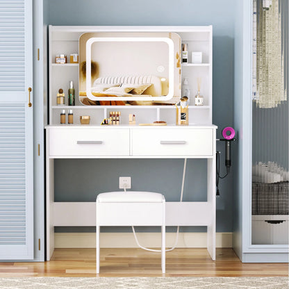 Tydimor Vanity Set with Sliding Mirror & Lights, Women Dressing Table with Outlets, Makeup Vanity Desk with Drawers & Stool