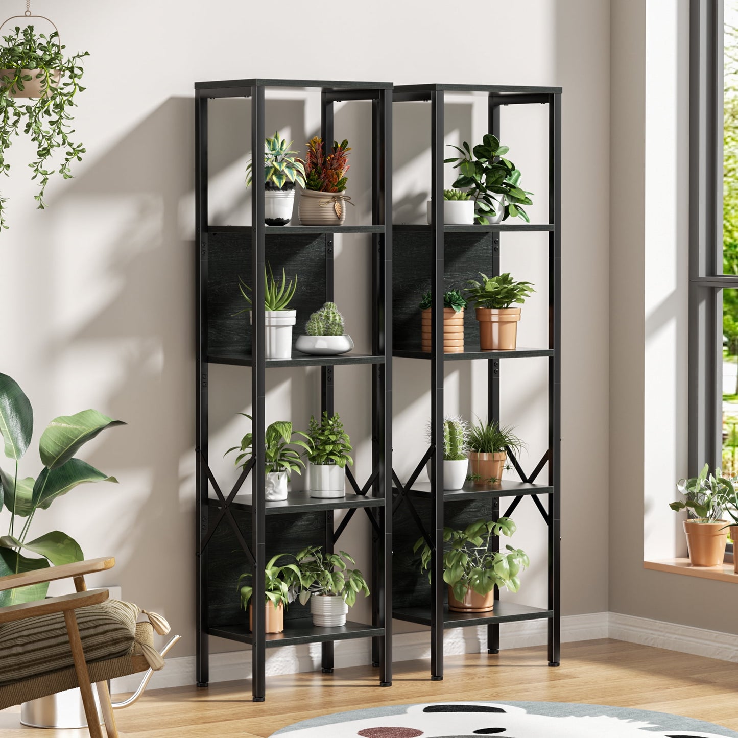 Satifur Bookshelf with 2 Large Backboards, Narrow Bookcase for Space Saving, Industrial Bookshelf with 5 Shelves for Office,Bathroom,Bedroom,Black Oak Finish
